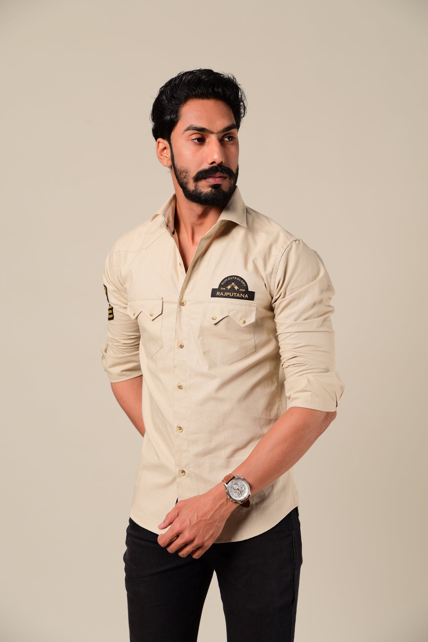 Parmesean Color Stud Look Premium Rajputana Shirt
