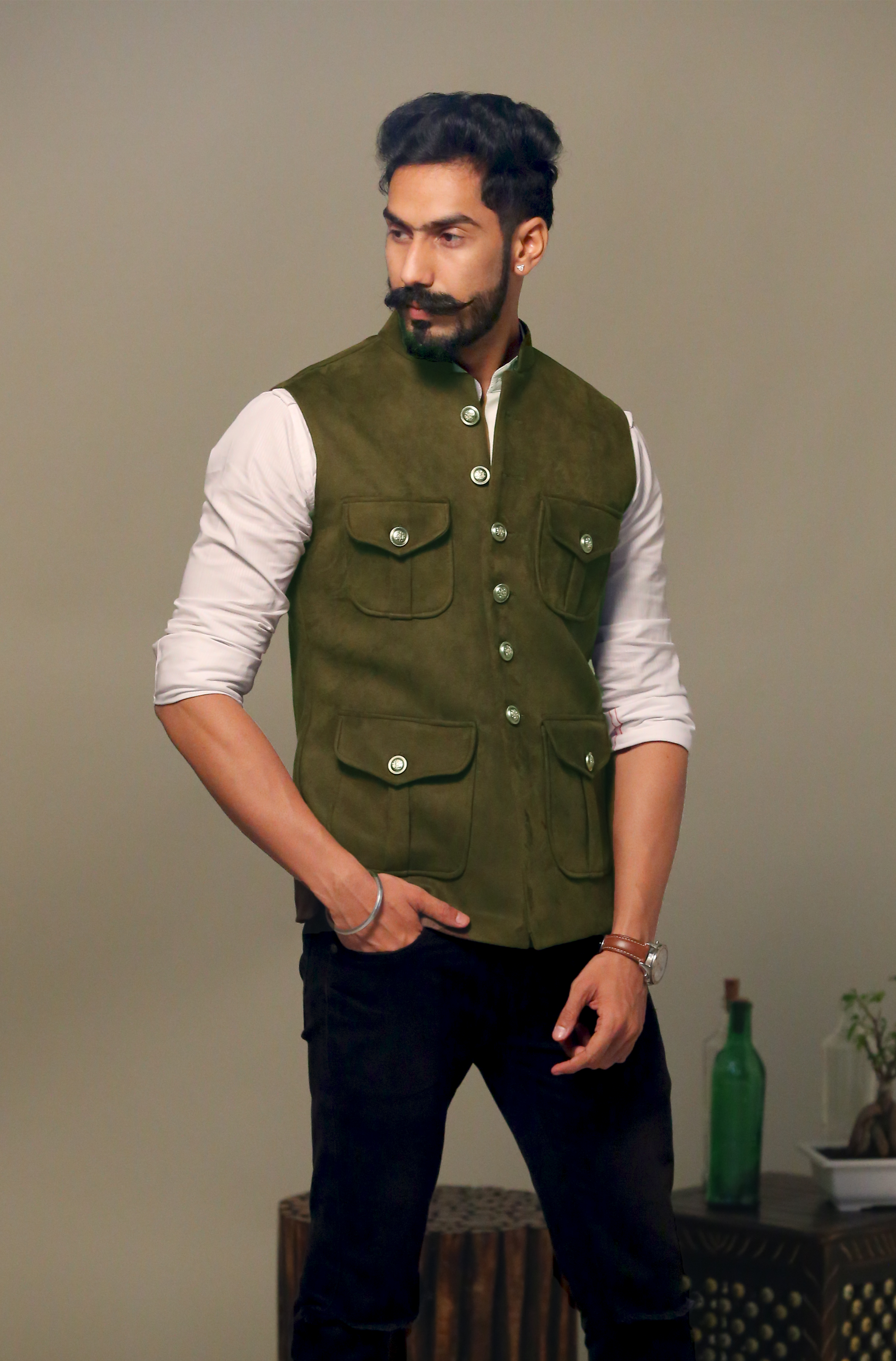 Four Pocket Half Jacket Olive Green in Premium Faux Suede Leather