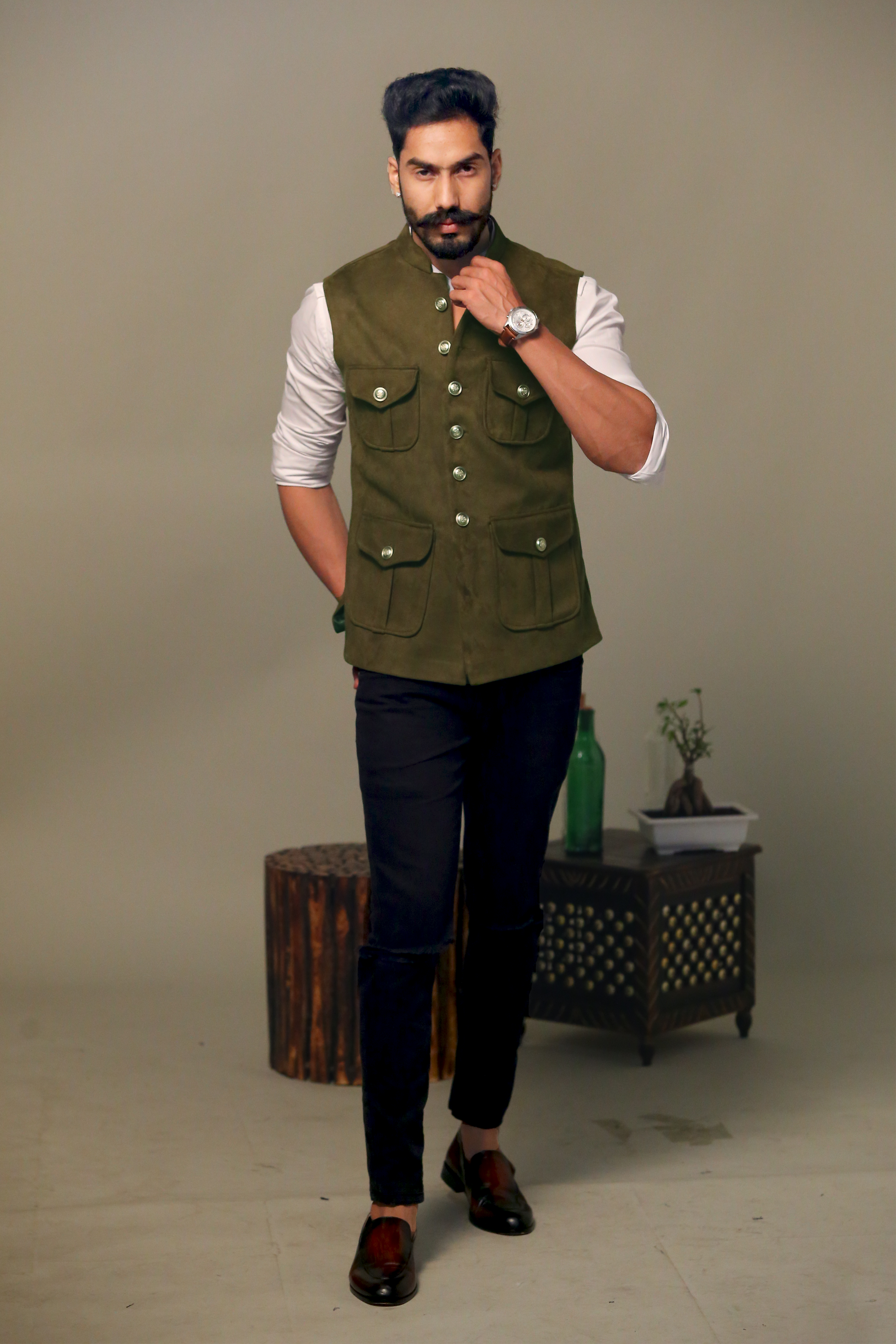 Four Pocket Half Jacket Olive Green in Premium Faux Suede Leather Fabric