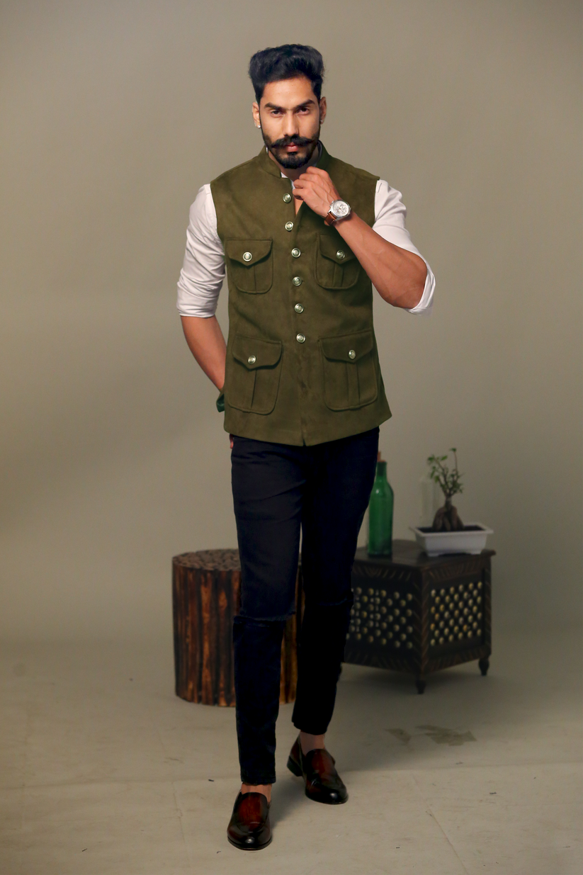 Four Pocket Half Jacket Olive Green in Premium Faux Suede Leather Fabr