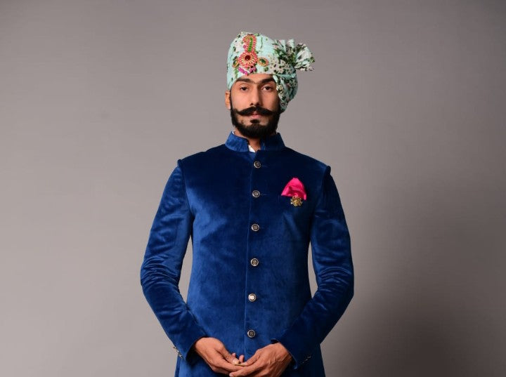 Royal blue bandhgala blazer with white trouser