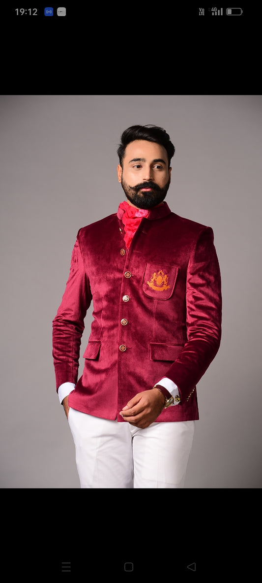 Marron velvet bandhgala blazer with black trouser