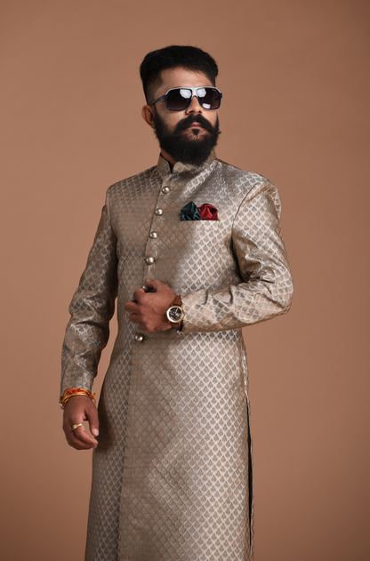 Brocade Silk Silver Booti Pattern Maharaja Style Sherwani