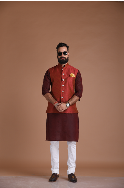 Embroidered Pattern Dark Red Half Jodhpuri Designer Jacket With Kurta Pajama