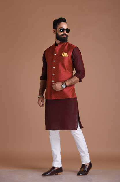 Embroidered Pattern Dark Red Half Jodhpuri Designer Jacket With Kurta Pajama