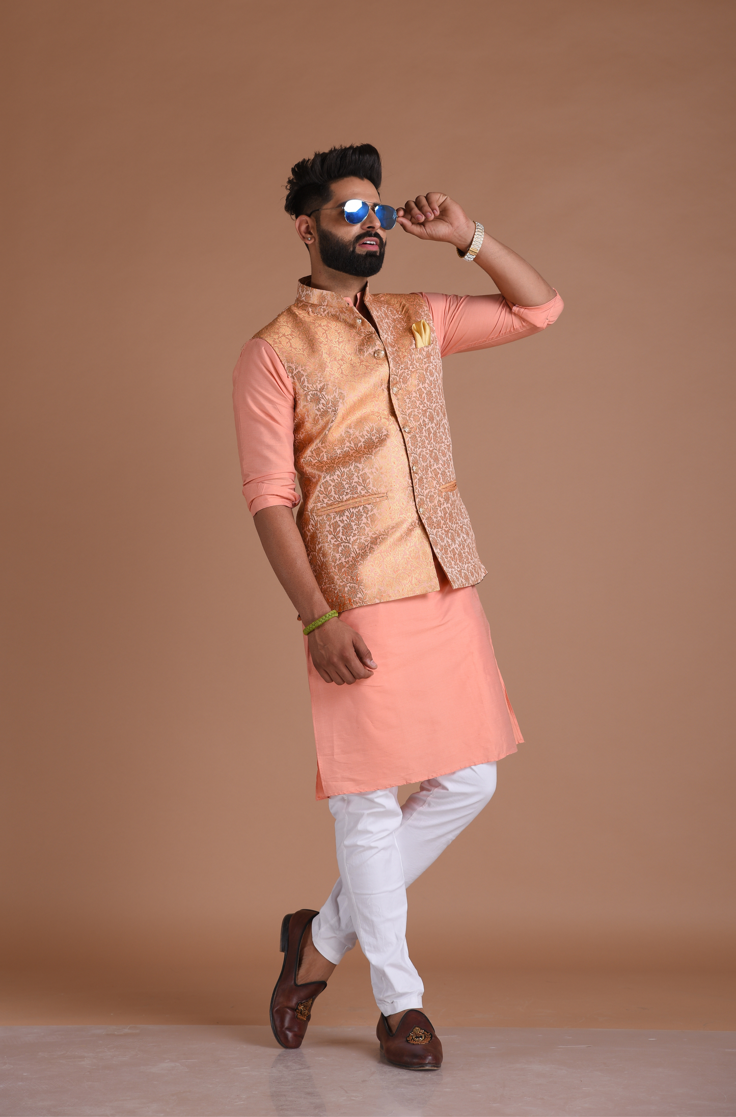 Exclusive Pastel Orange Floral Pattern Nehru Jacket With Silk Kurta Pajama Set
