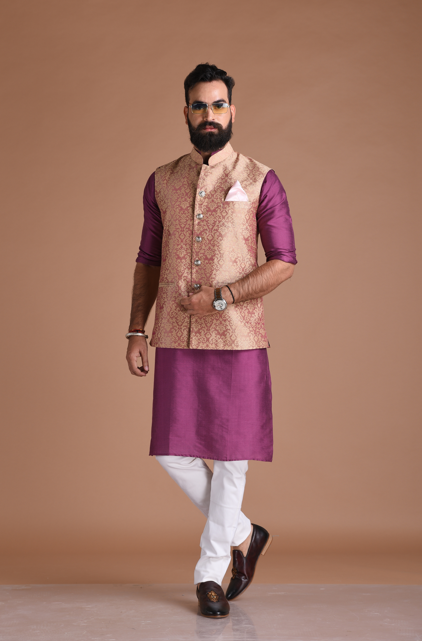 Floral Pattern Purple Half Jodhpuri Jacket With Kurta Pajama Set