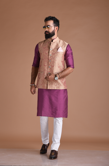 Floral Pattern Purple Half Jodhpuri Jacket With Kurta Pajama Set