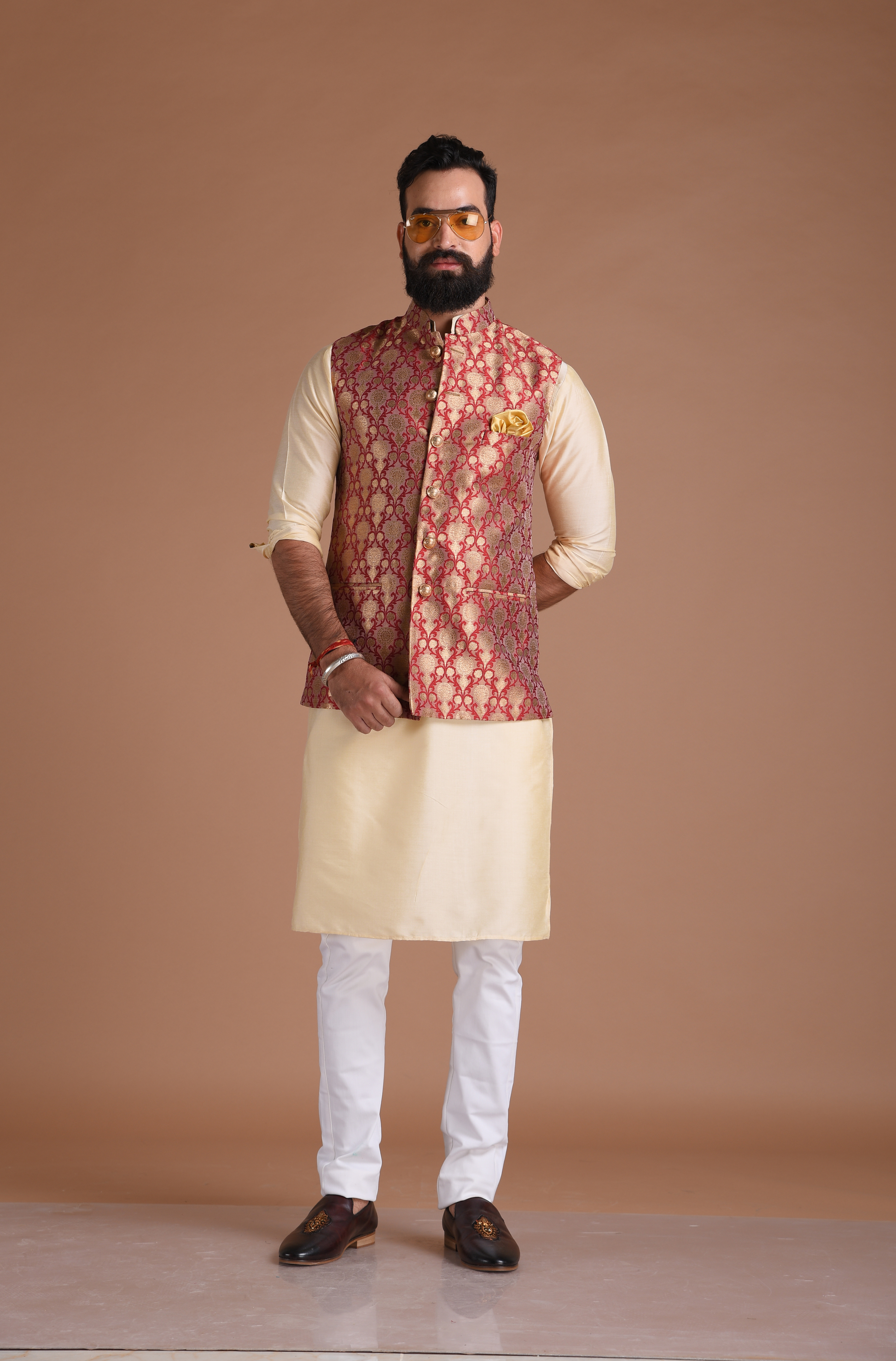 Floral Pattern Red Golden Half Jodhpuri Jacket with Kurta Pajama