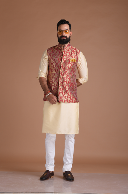 Floral Pattern Red Golden Half Jodhpuri Jacket with Kurta Pajama Set