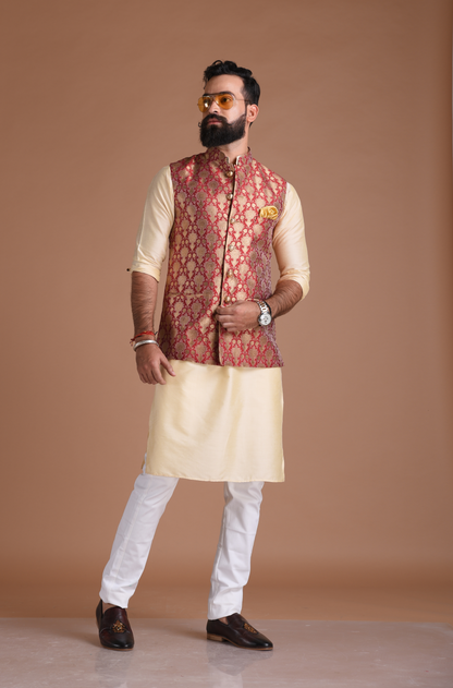 Floral Pattern Red Golden Half Jodhpuri Jacket with Kurta Pajama Set