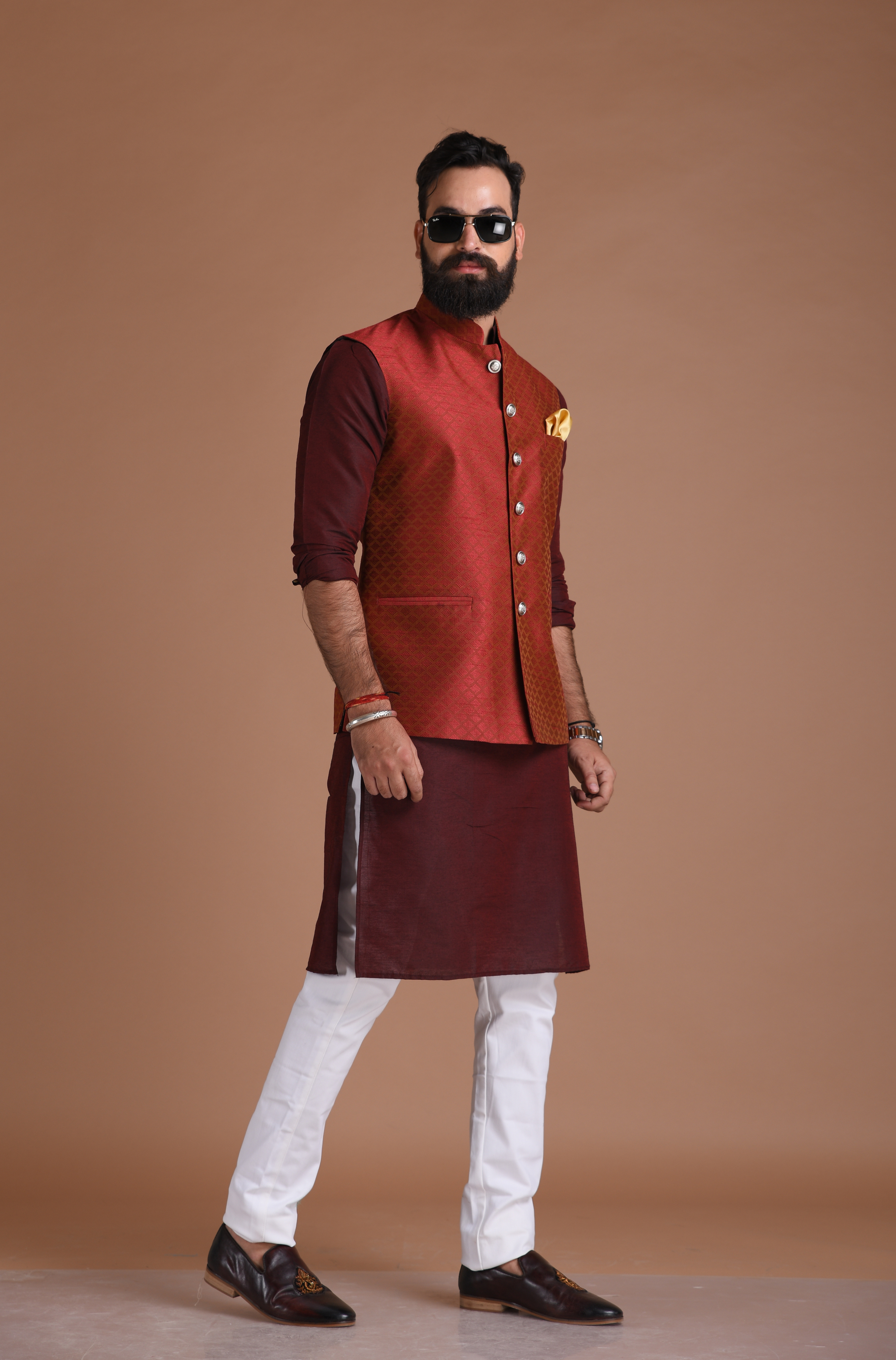 Cotton Silk Kurta Pajama With Jacket In Red And Beige Colour - BK2710927
