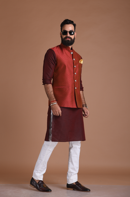 Embroidered Pattern Dark Red Half Jodhpuri Designer Jacket With Kurta Pajama