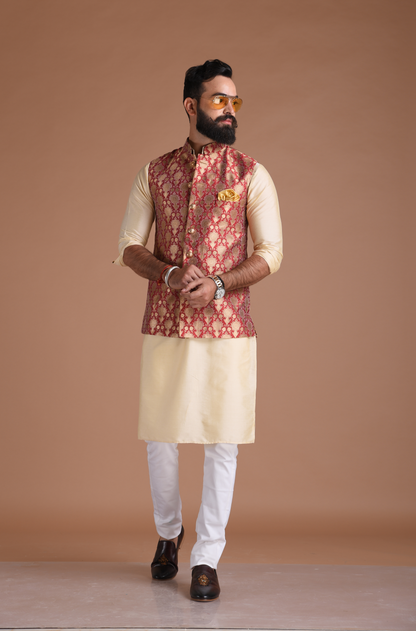 Floral Pattern Red Golden Half Jodhpuri Jacket with Kurta Pajama Set