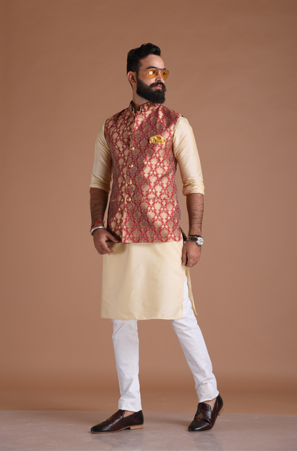 Floral Pattern Red Golden Half Jodhpuri Jacket with Kurta Pajama Set