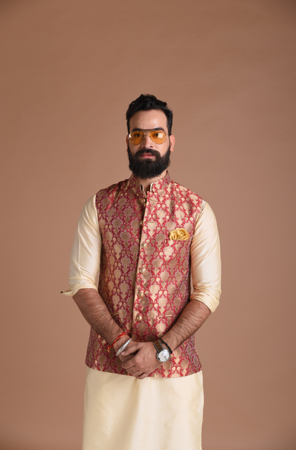 Floral Pattern Red Golden Half Jodhpuri Jacket with Kurta Pajama Set