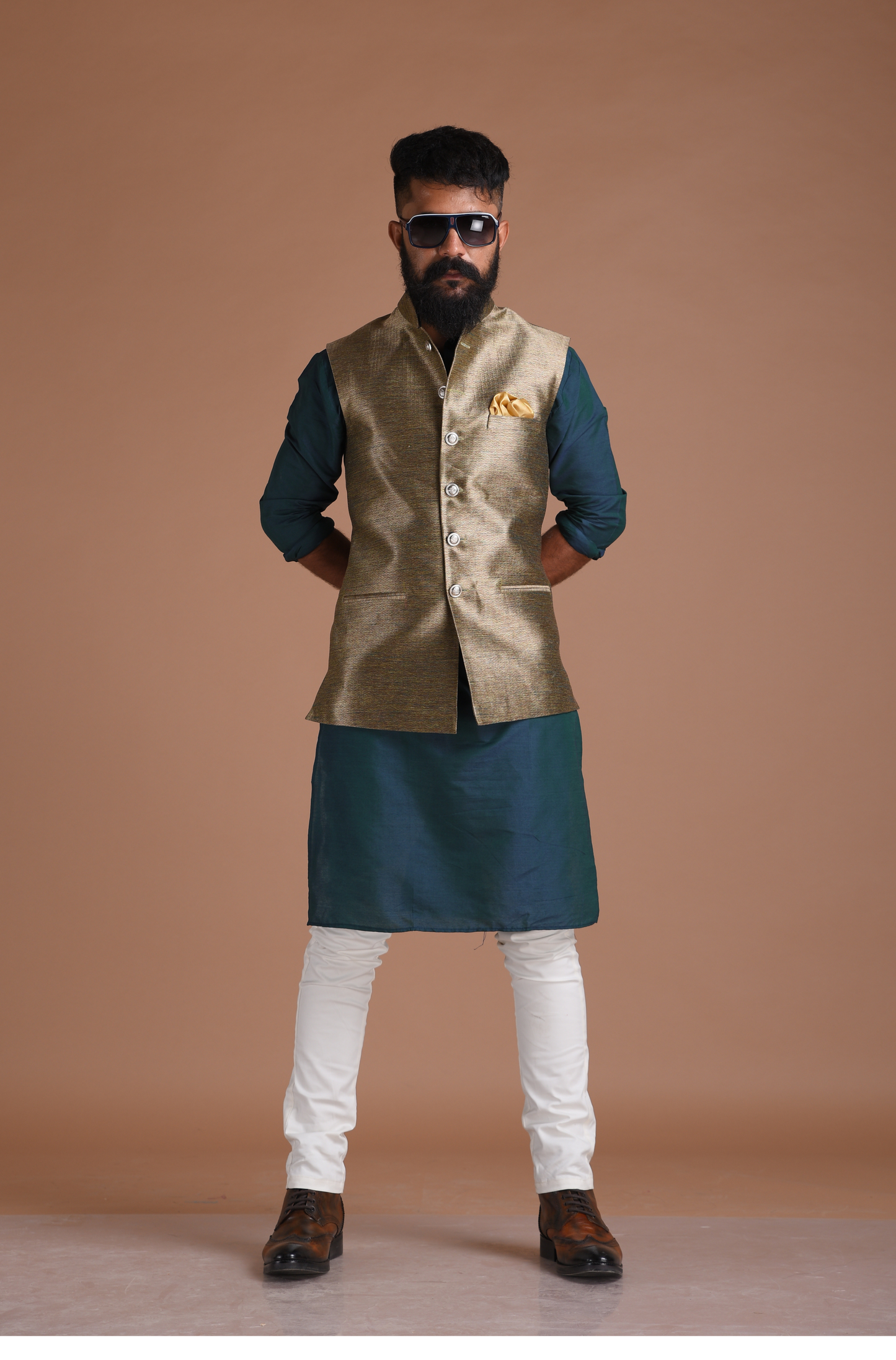 Golden Cyan Kim-Khab Half Jodhpuri Jacket with Kurta-Pajama Set