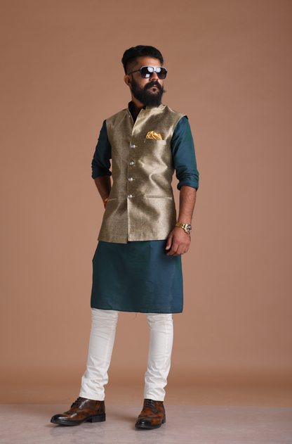 Golden Cyan Kim-Khab Half Jodhpuri Jacket with Kurta-Pajama Set