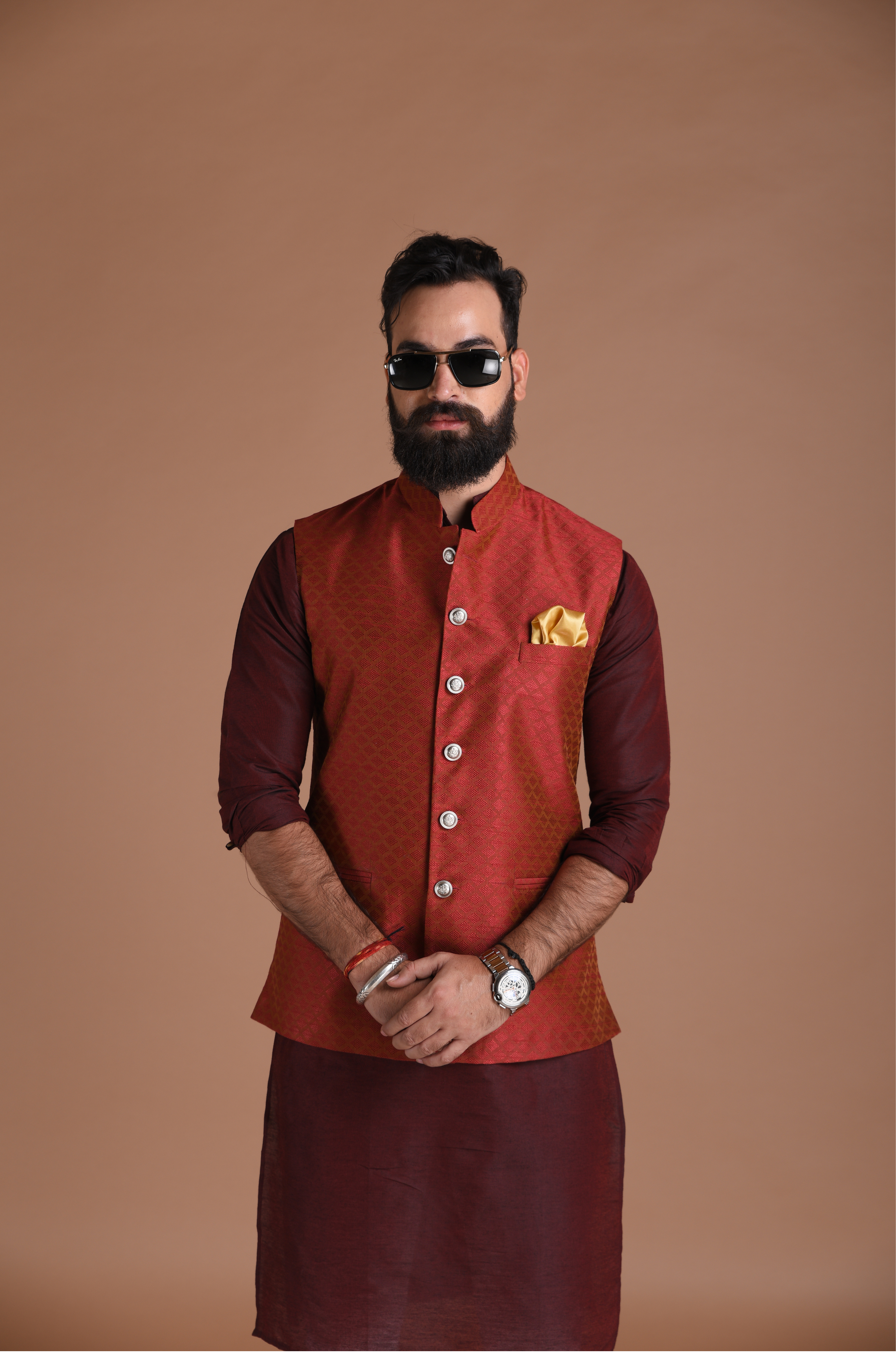 Men Beige & Red Kurta with Churidar & Embroidered Nehru Jacket - KRAFT  INDIA - 3738413