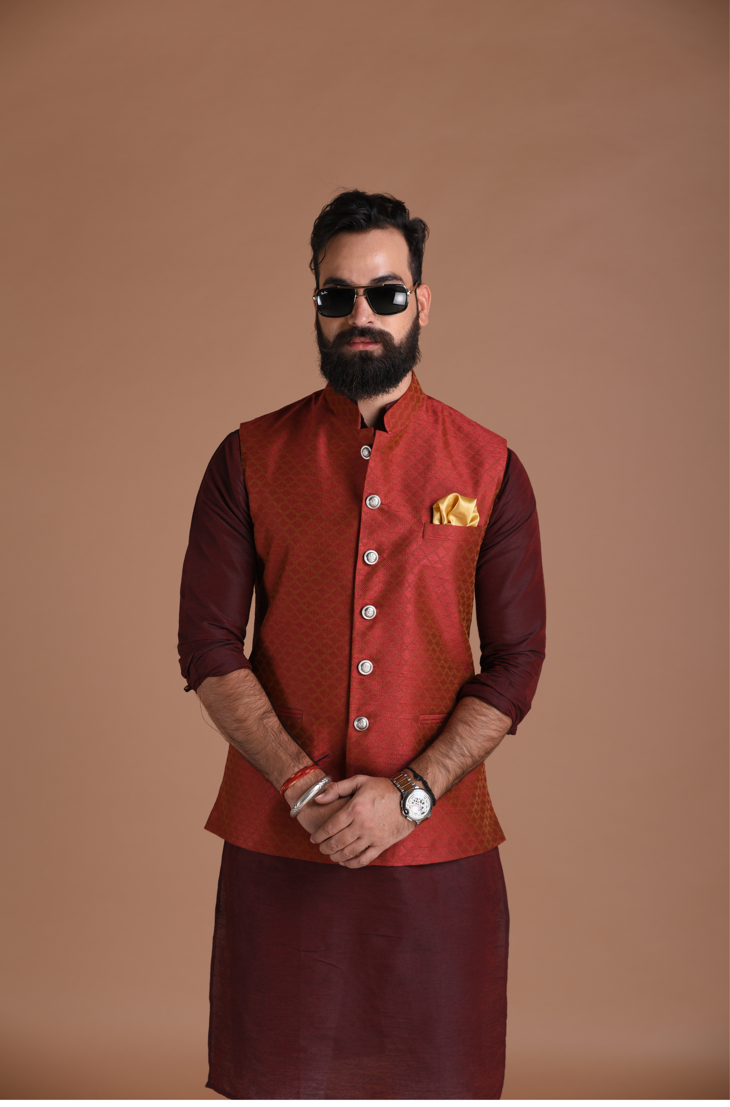 Embroidered Pattern Dark Red Half Jodhpuri Designer Jacket With Kurta Pajama
