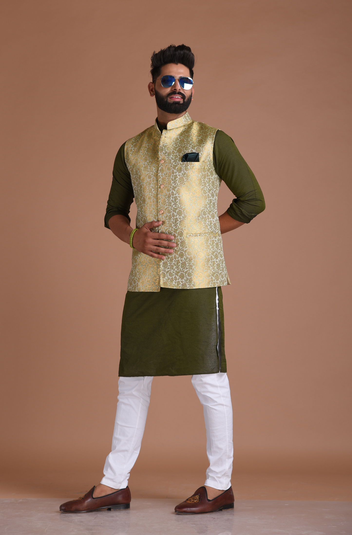 Golden Green Brocade Silk Jodhpuri Jacket With Kurta Pajama