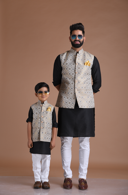 Greyish Blue Half Jodhpuri Designer Jacket With Silk Kurta Pajama Set