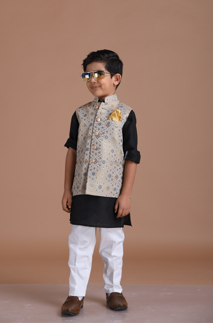 Greyish Blue Half Jodhpuri Designer Jacket With Silk Kurta Pajama Set