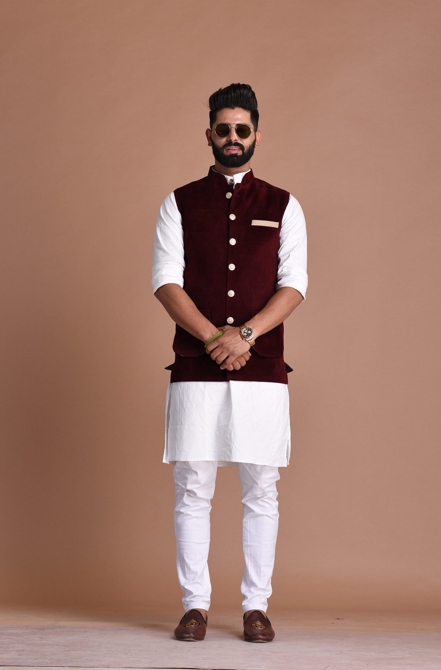 Handmade Elegant Maroon Velvet Nehru Modi Jacket with Kurta Pajama Set