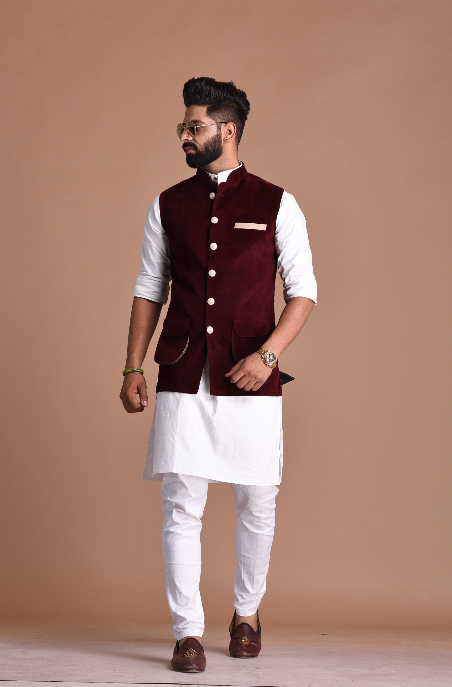 Handmade Elegant Maroon Velvet Nehru Modi Jacket with Kurta Pajama Set