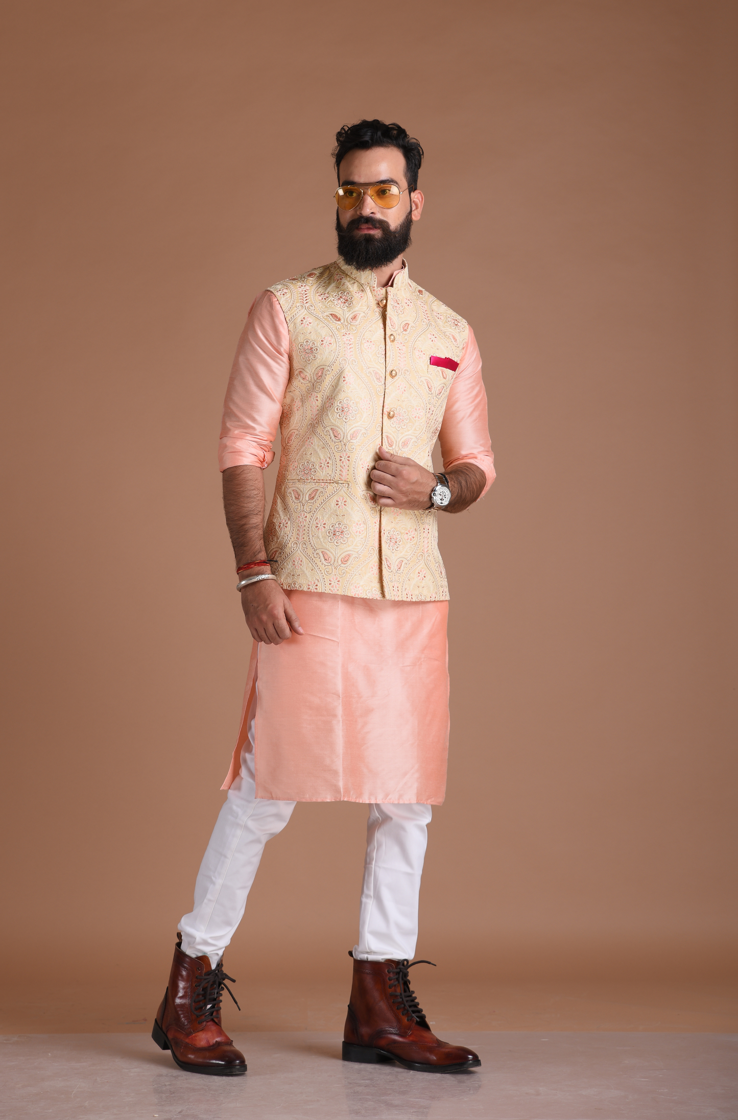 Heavy Lakhnawi Chikankaari  Cream Nehru Jacket With Silk Kurta Pajama