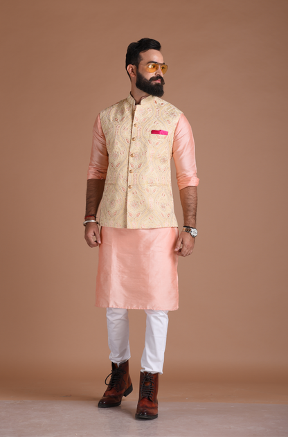 Heavy Lakhnawi Chikankaari  Cream Nehru Jacket With Silk Kurta Pajama