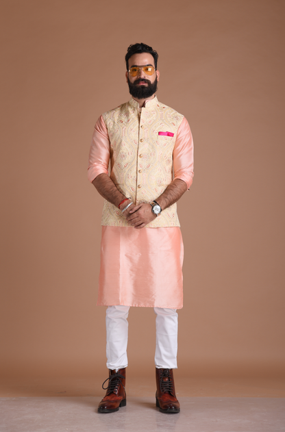 Heavy Lakhnawi Chikankaari  Cream Nehru Jacket With Silk Kurta Pajama