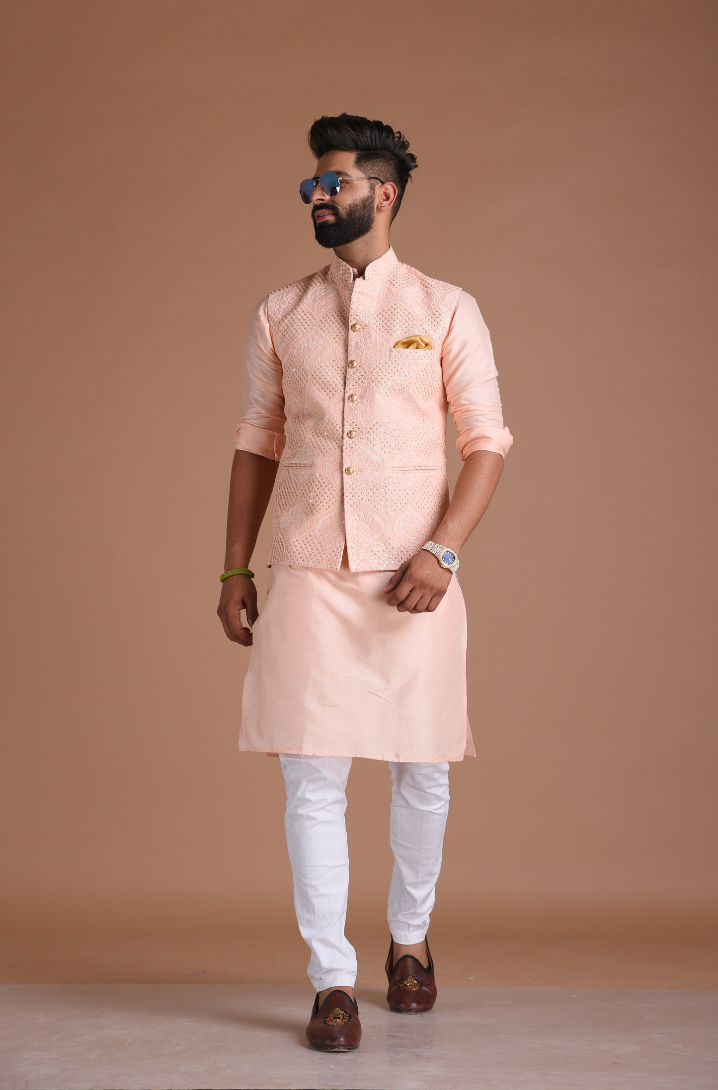 Heavy Lucknowi Chikankaari Pink Nehru Jacket With Kurta Pajama Set