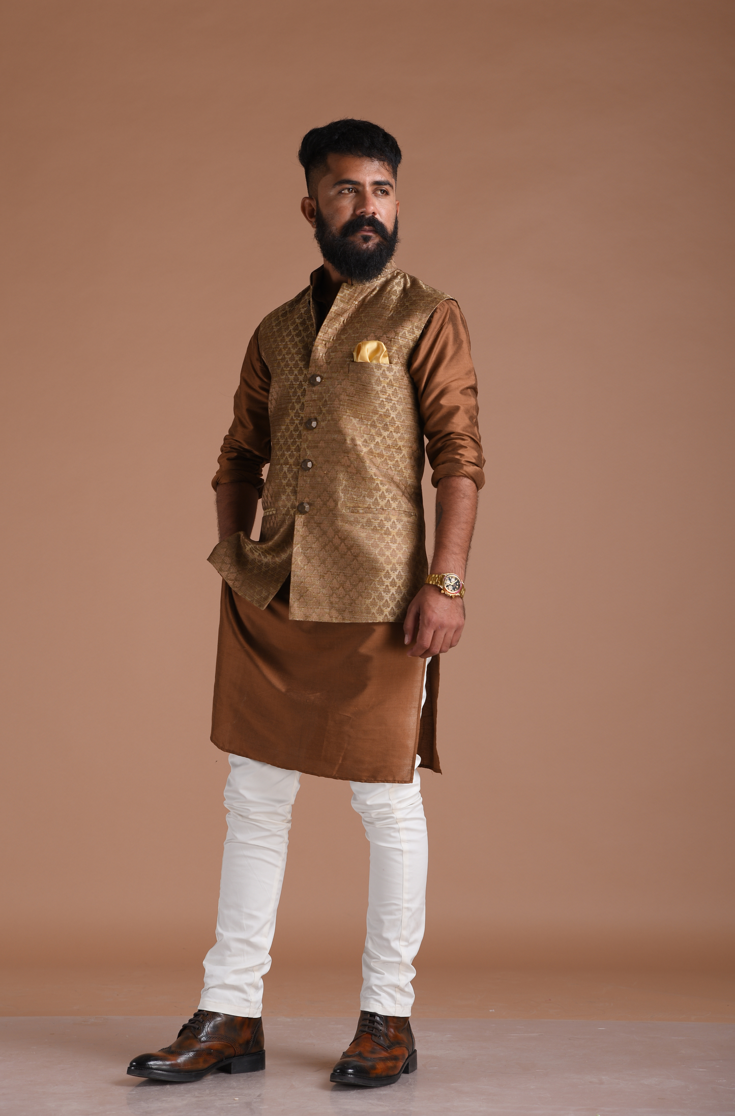 Jaipuri Booti Pattern Brown Half Jodhpuri Jacket with Kurta Pajama Set