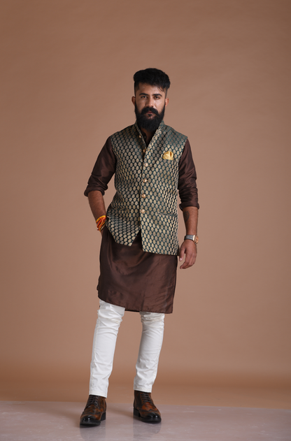 Jaipuri Booti Pattern Dark Green Brocade Silk Jacket with Kurta Pajama Set