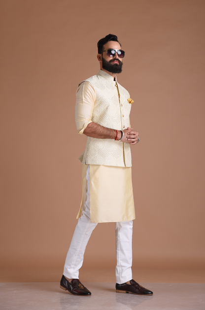 Lucknowi Heavy Chikankaari Off-White Nehru Jacket With Kurta Pajama Set