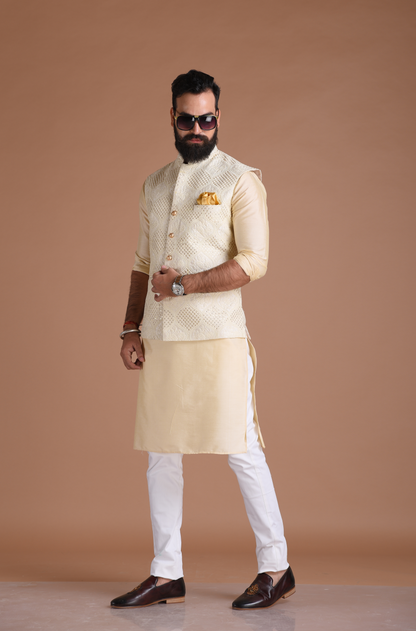 Lucknowi Heavy Chikankaari Off-White Nehru Jacket With Kurta Pajama Set