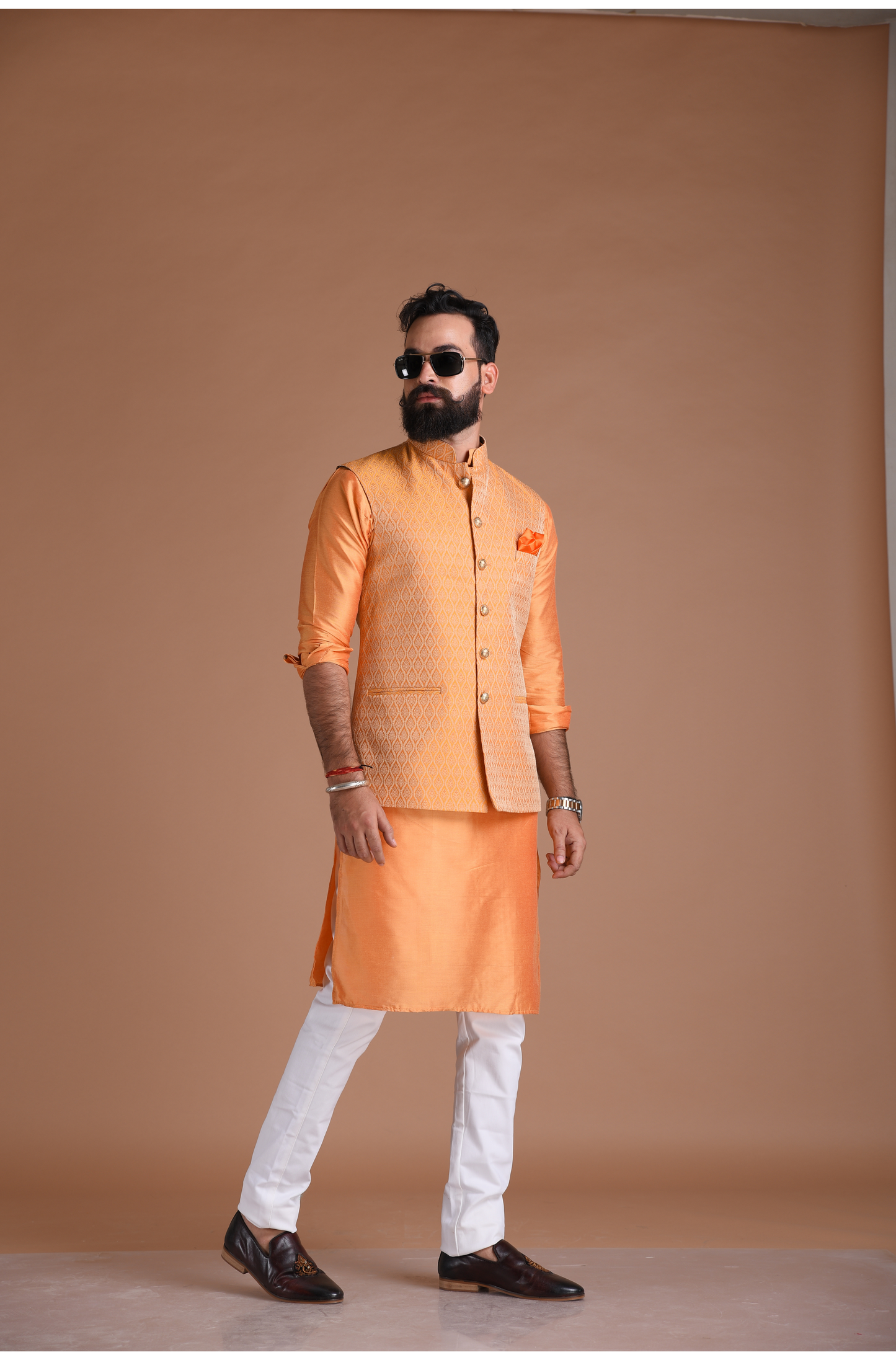 Kesari Color Brocade Half Jodhpuri Jacket With Kurta Pajama