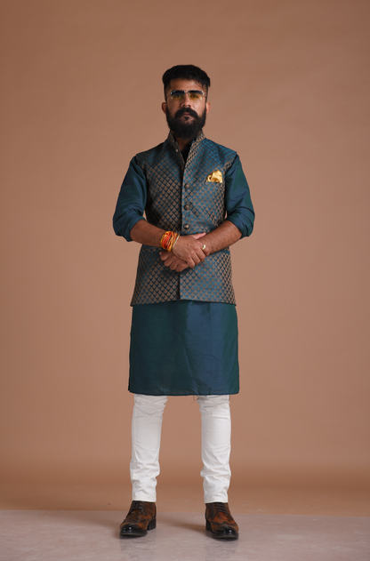 Leaf Pattern Dark Green Brocade Half Jodhpuri Jacket With Kurta Pajama