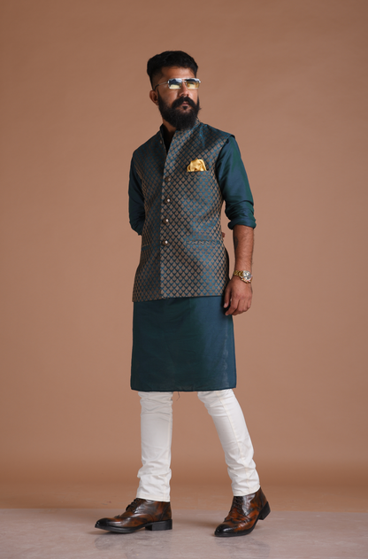 Leaf Pattern Dark Green Brocade Half Jodhpuri Jacket With Kurta Pajama