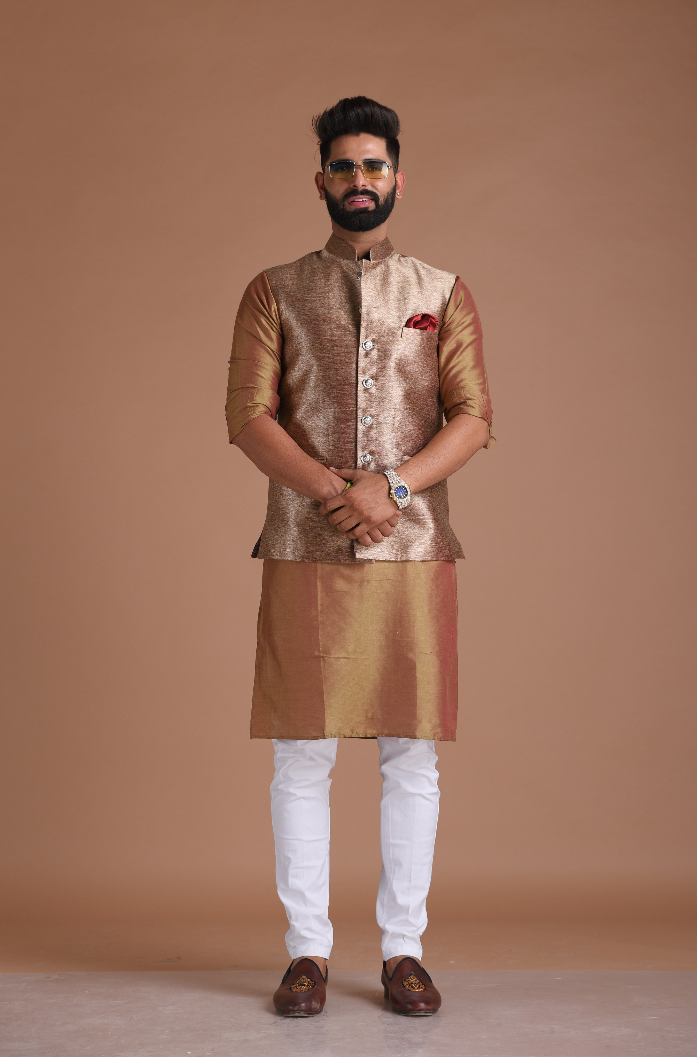 Buy Indian Jacket Style Art Silk Off White Men Kurta Pajama MKPA01438