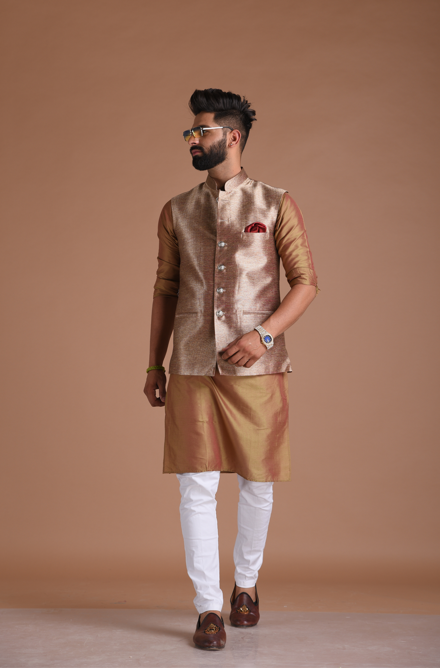 Maharaja Style Handmade Kim-Khab Half Jodhpuri Jacket With Kurta-Pajama
