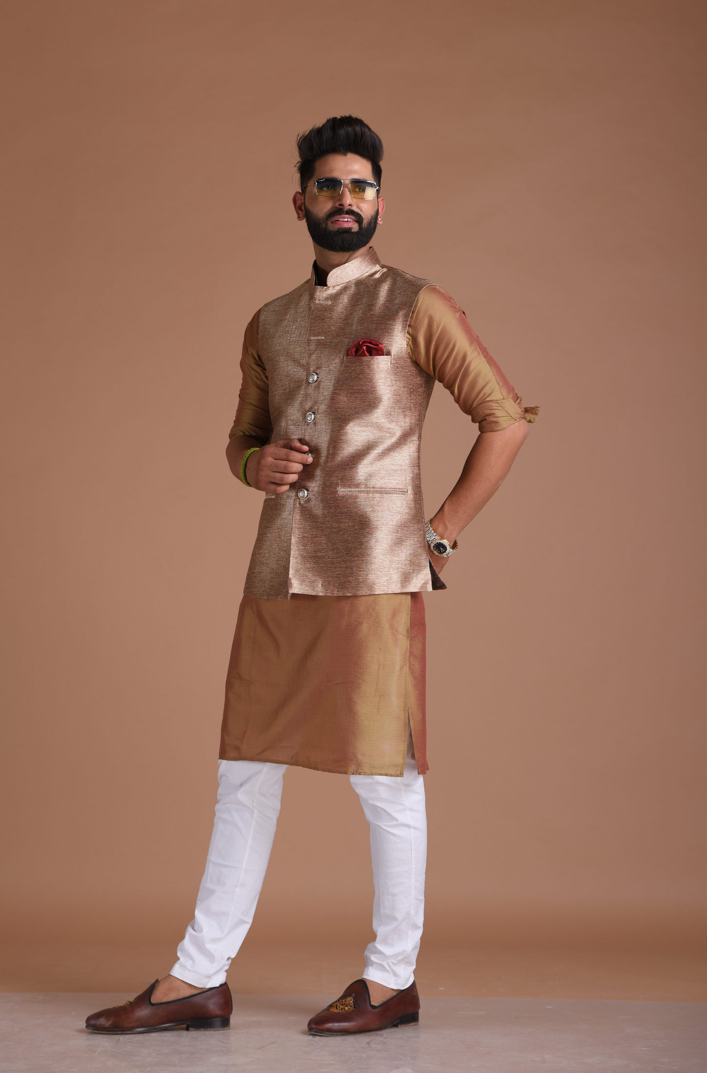 Maharaja Style Handmade Kim-Khab Half Jodhpuri Jacket With Kurta-Pajama