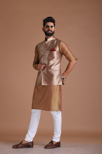 Maharaja Style Handmade Kim-Khab Half Jodhpuri Jacket With Kurta-Pajama
