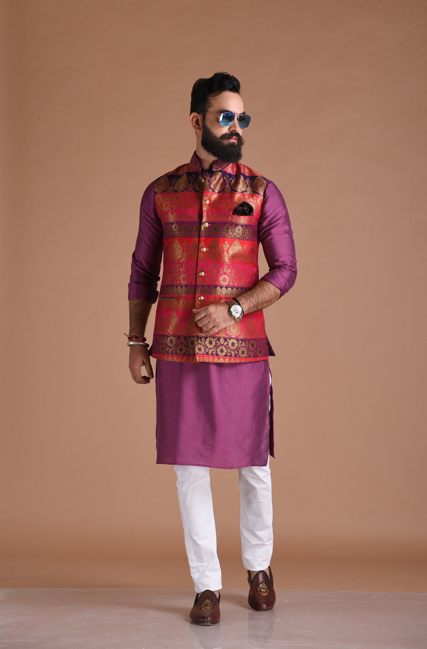 Multicolor Banarasi Brocade Silk Half Jodhpuri Jacket With Kurta Pajama