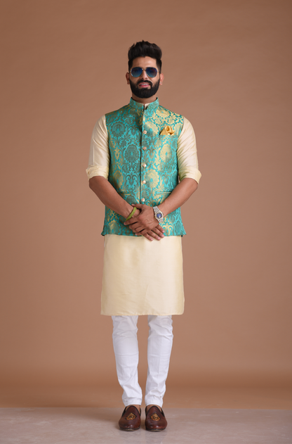 Sea Green Kim-Khab Half Jodhpuri Jacket With Kurta Pajama Set