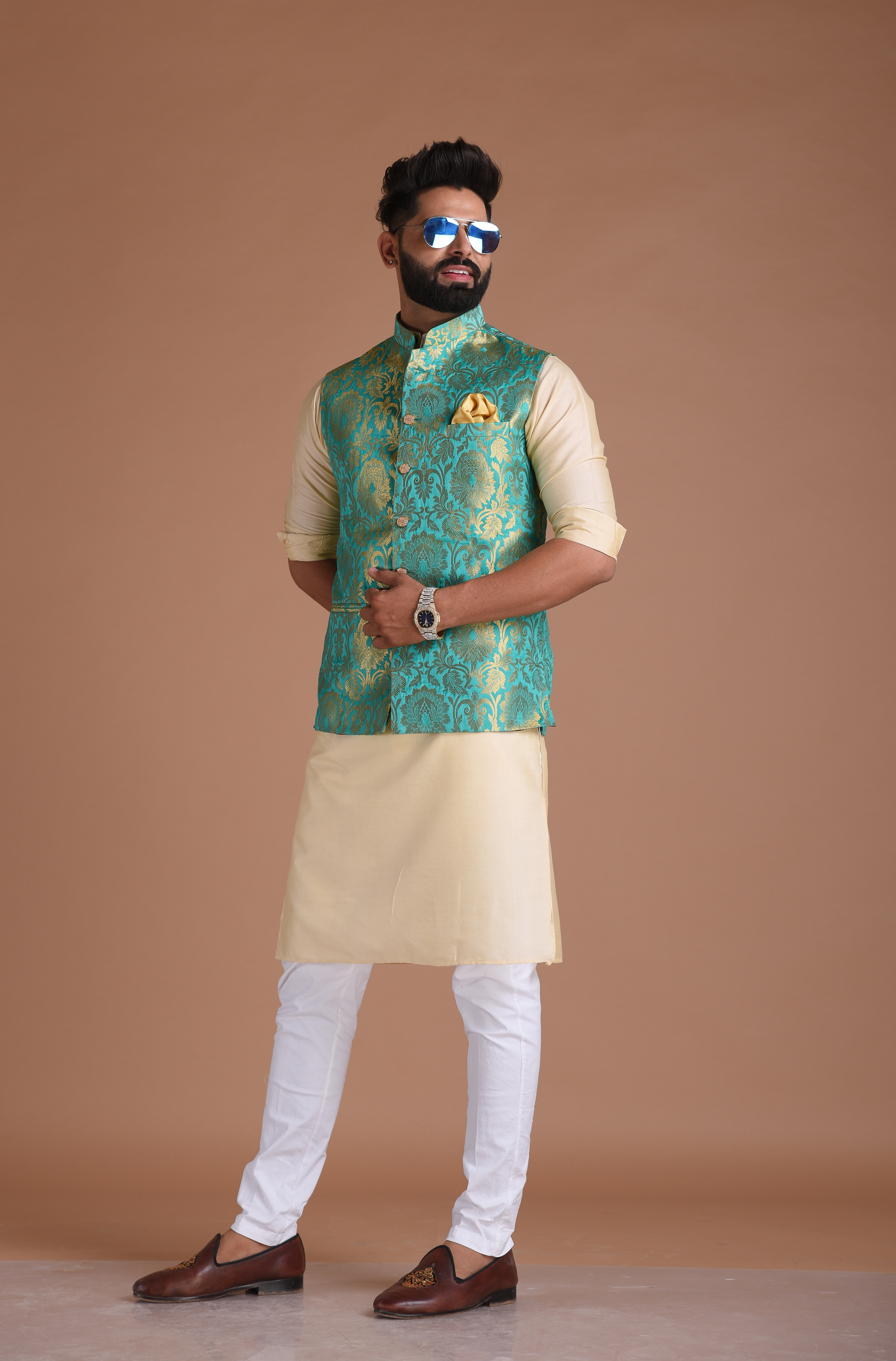 Sea Green Kim Khab Half Jodhpuri Jacket With Kurta Pajama Set
