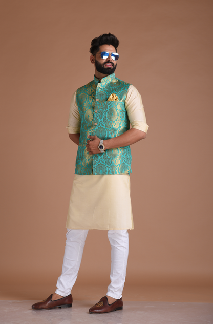 Sea Green Kim-Khab Half Jodhpuri Jacket With Kurta Pajama Set