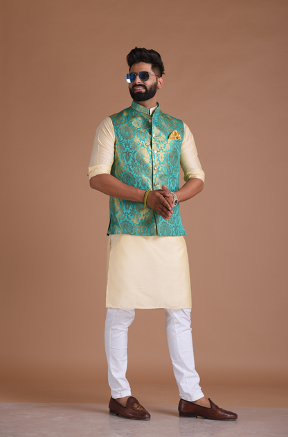 Sea Green Kim-Khab Half Jodhpuri Jacket With Kurta Pajama Set