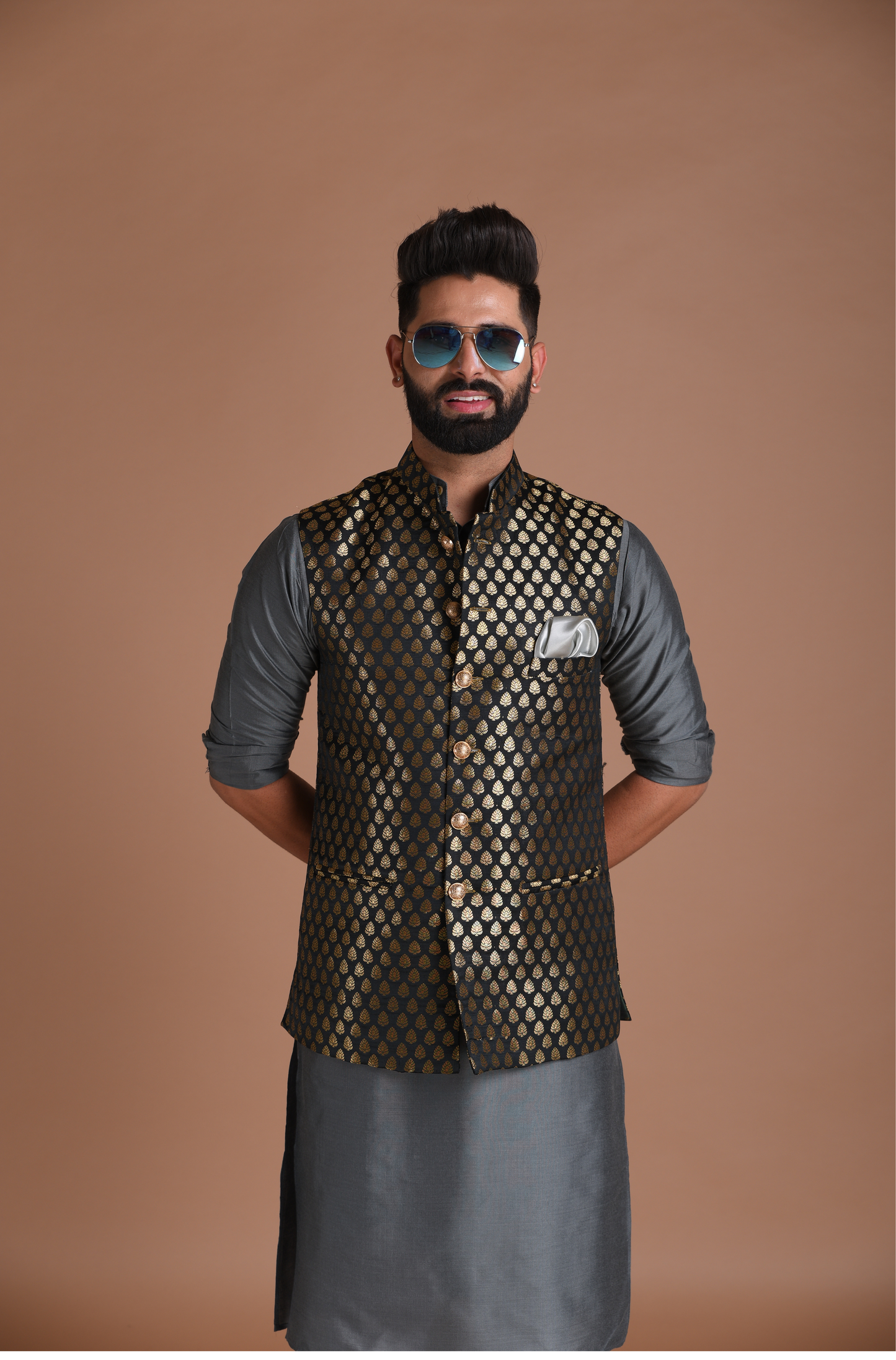 Booti Pattern Black color Royal Half Jodhpuri Jacket With Kurta Pajama Set